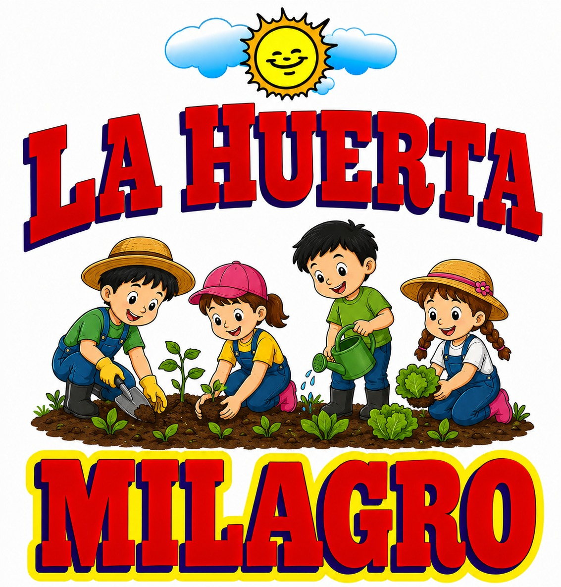 Logo de La Huerta Milagro: ni&ntilde;os y ni&ntilde;as sembrando hortalizas bajo el sol